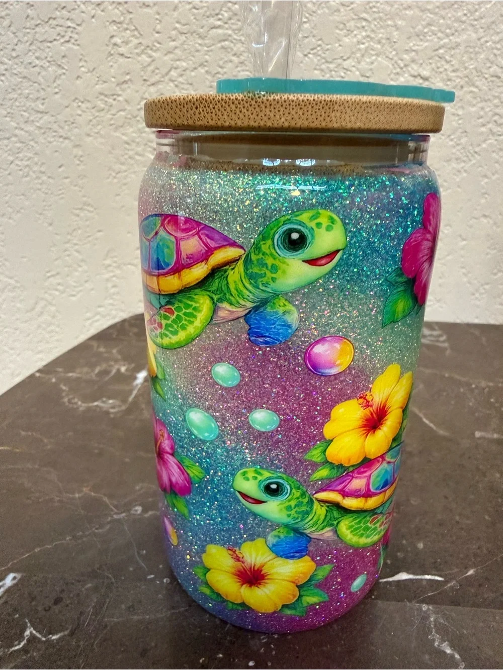 Sparkling Sea Turtles in Colorful Waters 12 oz Wine Glass Tumbler Cup with Lid
